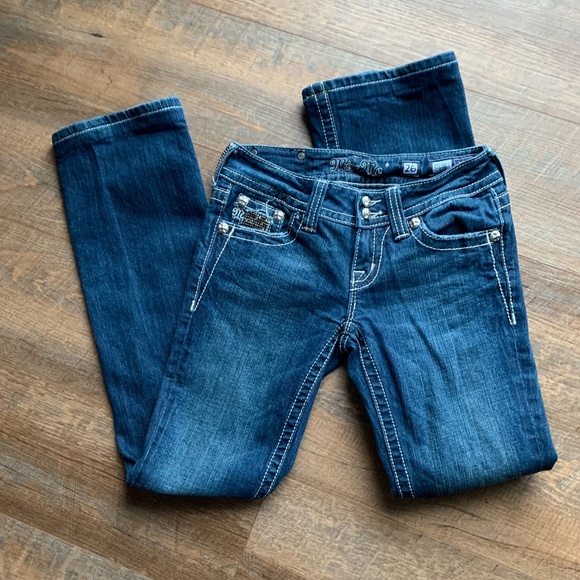 Miss Me-Bootcut Stretch Denim Jeans Rhinestones size 26 but fit like 24/25 - Picture 2 of 13